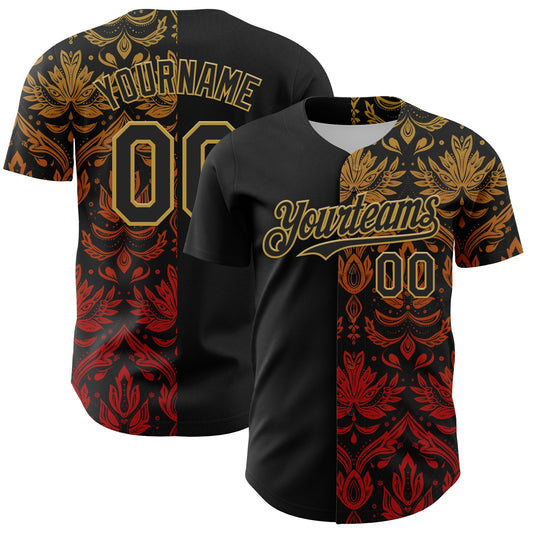 Custom Black Old Gold 3D Pattern Design Vintage Tattoos Authentic Baseball Jersey - Main View