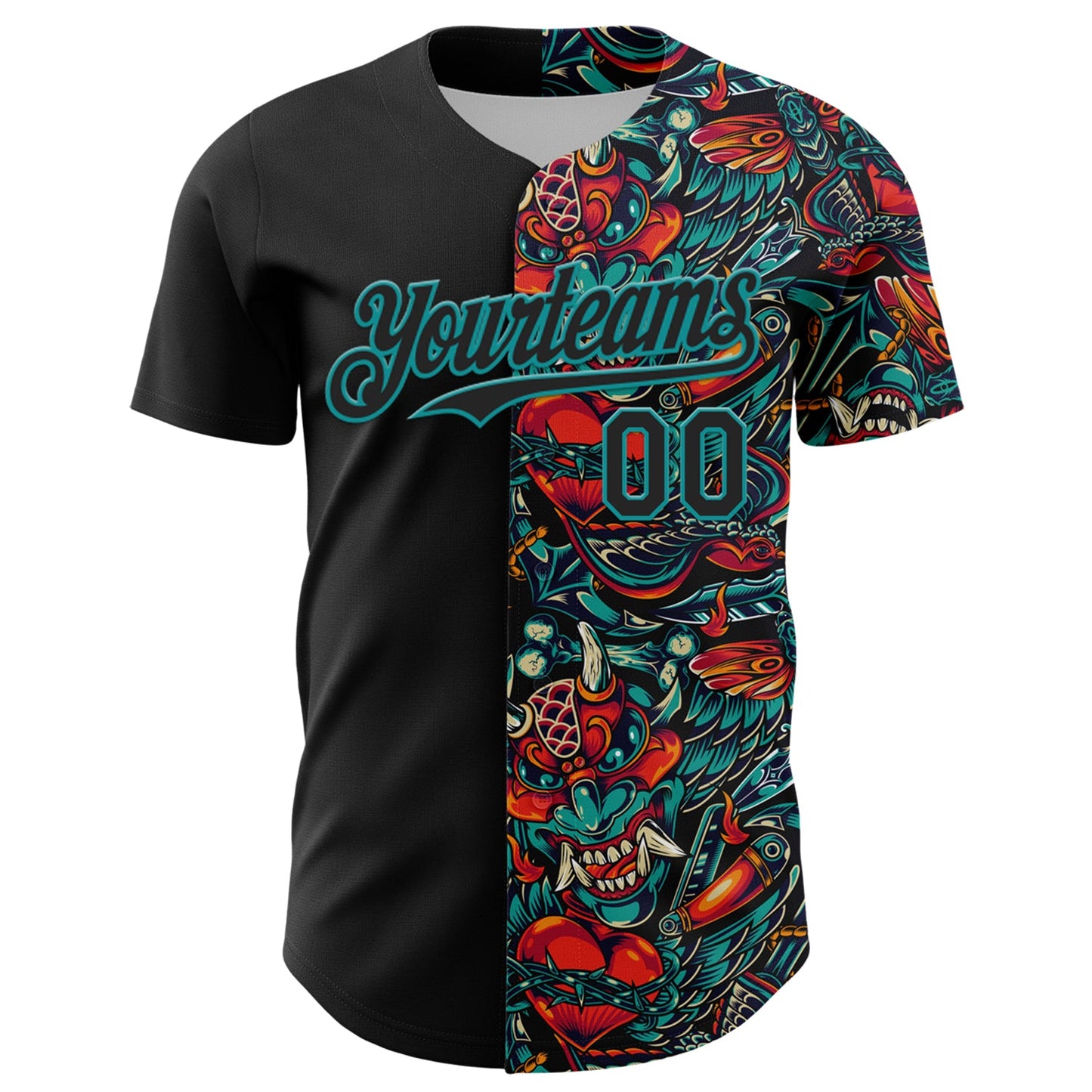 Custom Black Teal 3D Pattern Design Vintage Tattoos Authentic Baseball Jersey view 2