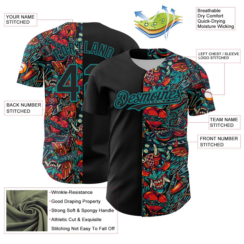 Custom Black Teal 3D Pattern Design Vintage Tattoos Authentic Baseball Jersey view 3