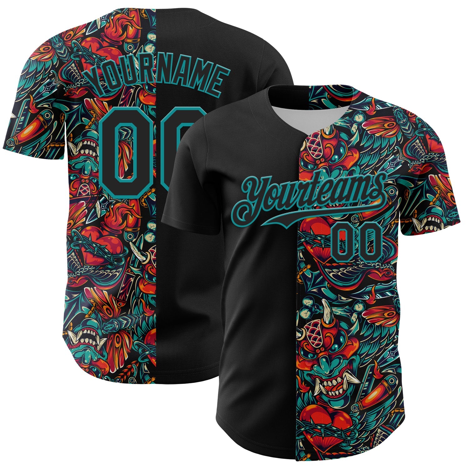 Custom Black Teal 3D Pattern Design Vintage Tattoos Authentic Baseball Jersey - Main View