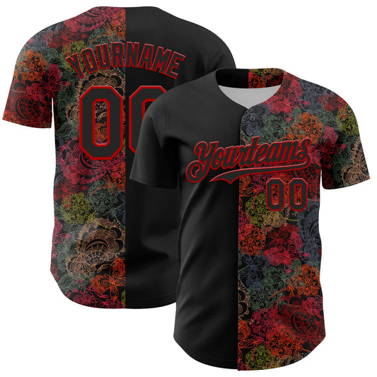 Custom Black Red 3D Pattern Design Vintage Tattoos Authentic Baseball Jersey - Main View