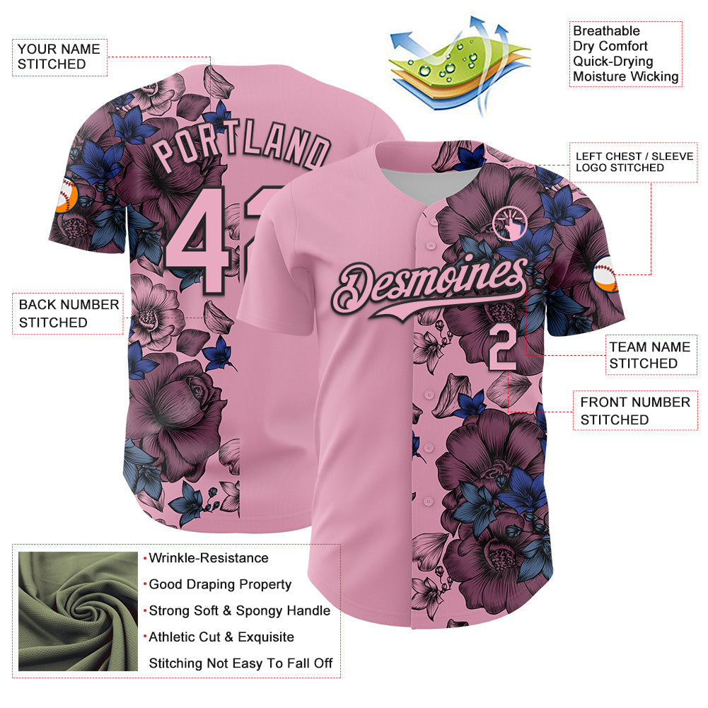 Custom Light Pink Black 3D Pattern Design Vintage Tattoos Authentic Baseball Jersey view 3