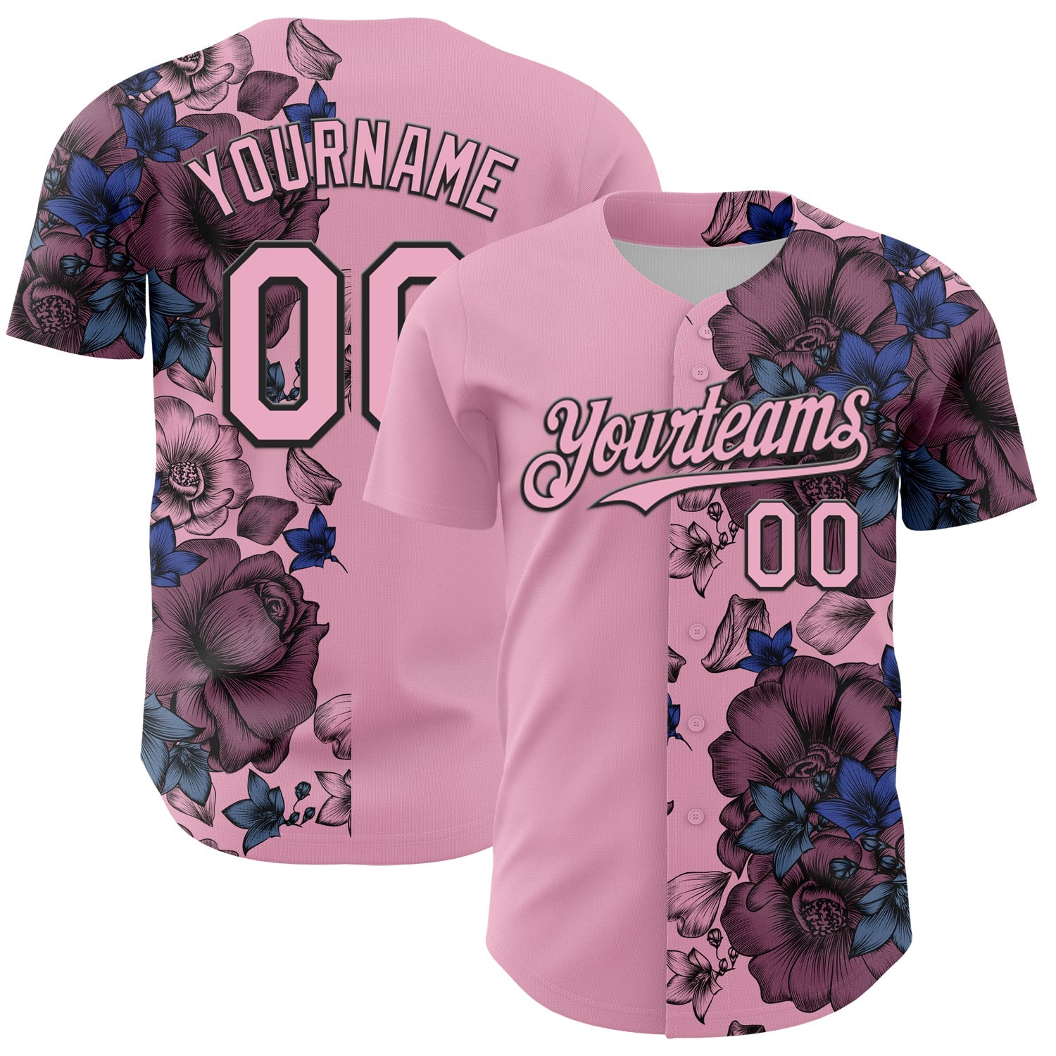 Custom Light Pink Black 3D Pattern Design Vintage Tattoos Authentic Baseball Jersey - Main View