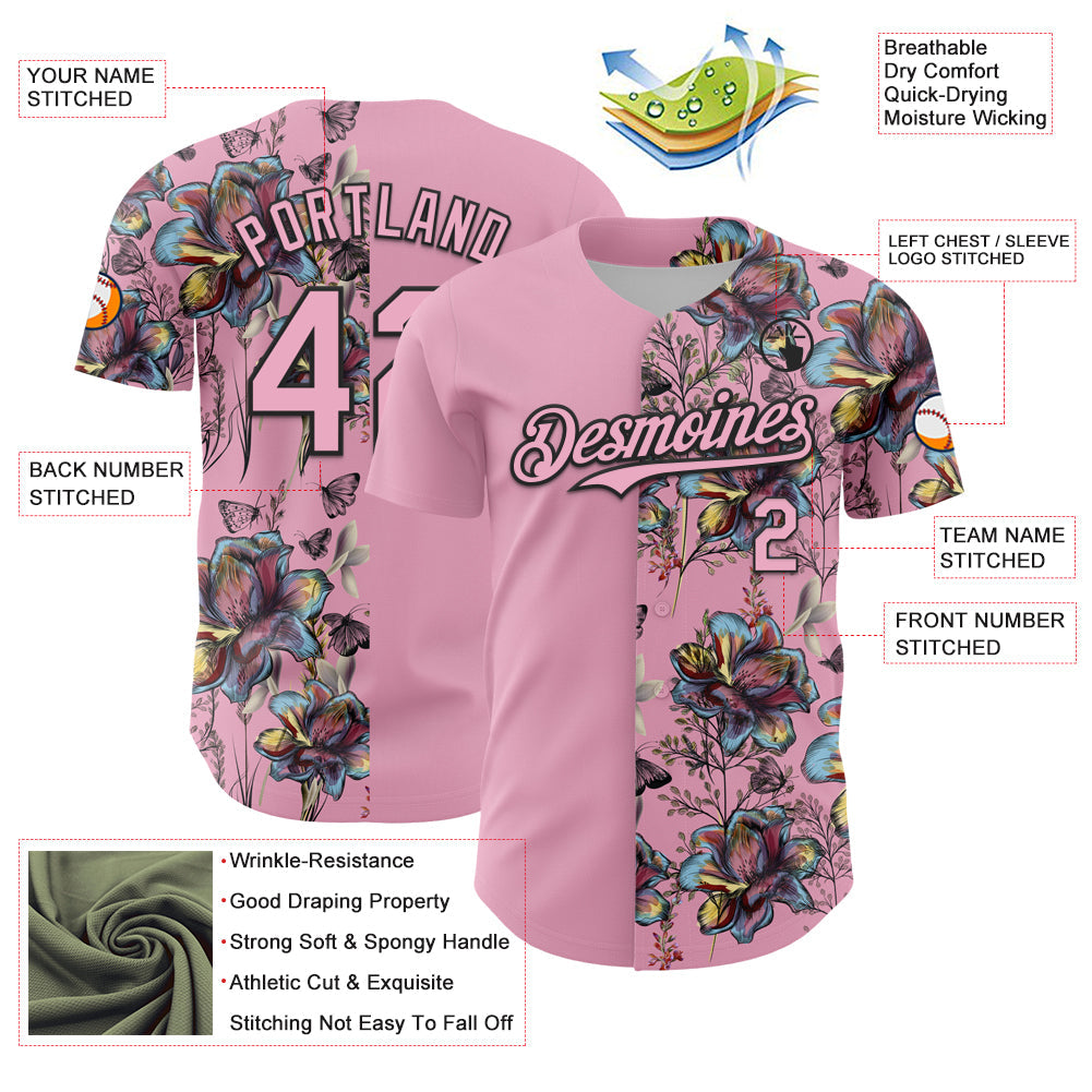 Custom Light Pink Black 3D Pattern Design Vintage Tattoos Authentic Baseball Jersey view 3