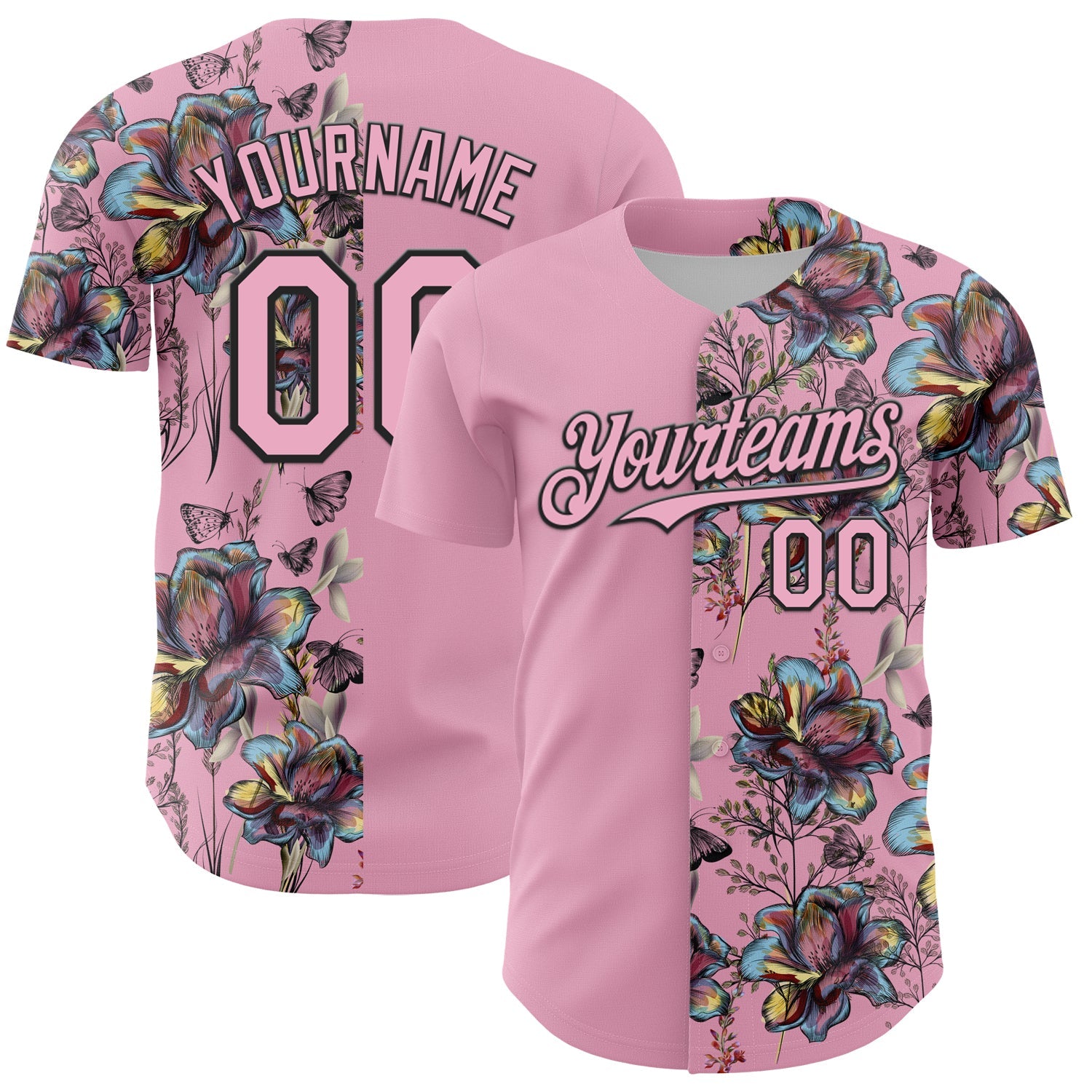 Custom Light Pink Black 3D Pattern Design Vintage Tattoos Authentic Baseball Jersey - Main View