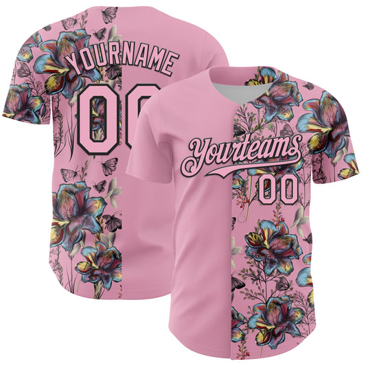 Custom Light Pink Black 3D Pattern Design Vintage Tattoos Authentic Baseball Jersey - Main View