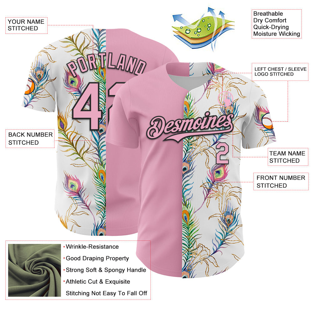 Custom White Light Pink-Black 3D Pattern Design Vintage Tattoos Authentic Baseball Jersey view 3