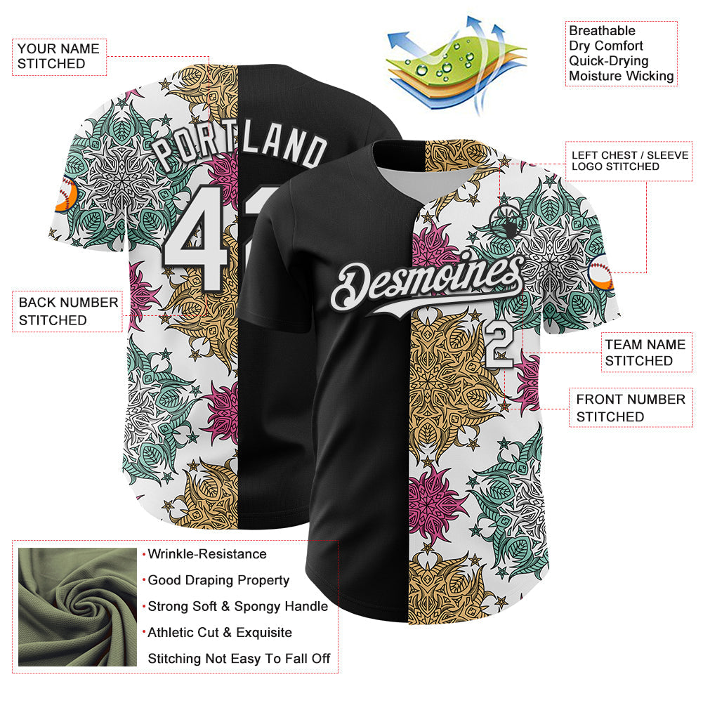 Custom Black White 3D Pattern Design Vintage Tattoos Authentic Baseball Jersey view 3