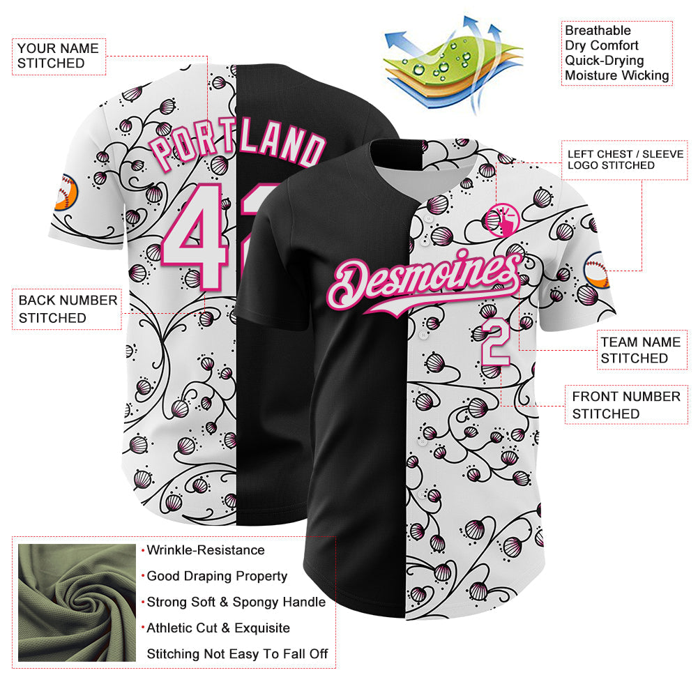 Custom Black White-Hot Pink 3D Pattern Design Vintage Tattoos Authentic Baseball Jersey view 3