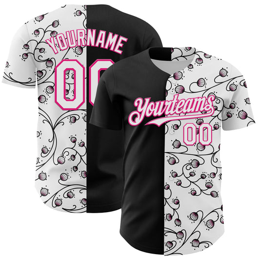 Custom Black White-Hot Pink 3D Pattern Design Vintage Tattoos Authentic Baseball Jersey - Main View