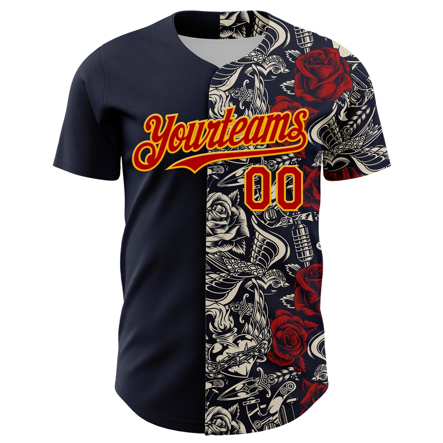Custom Navy Red-Gold 3D Pattern Design Vintage Tattoos Authentic Baseball Jersey view 2