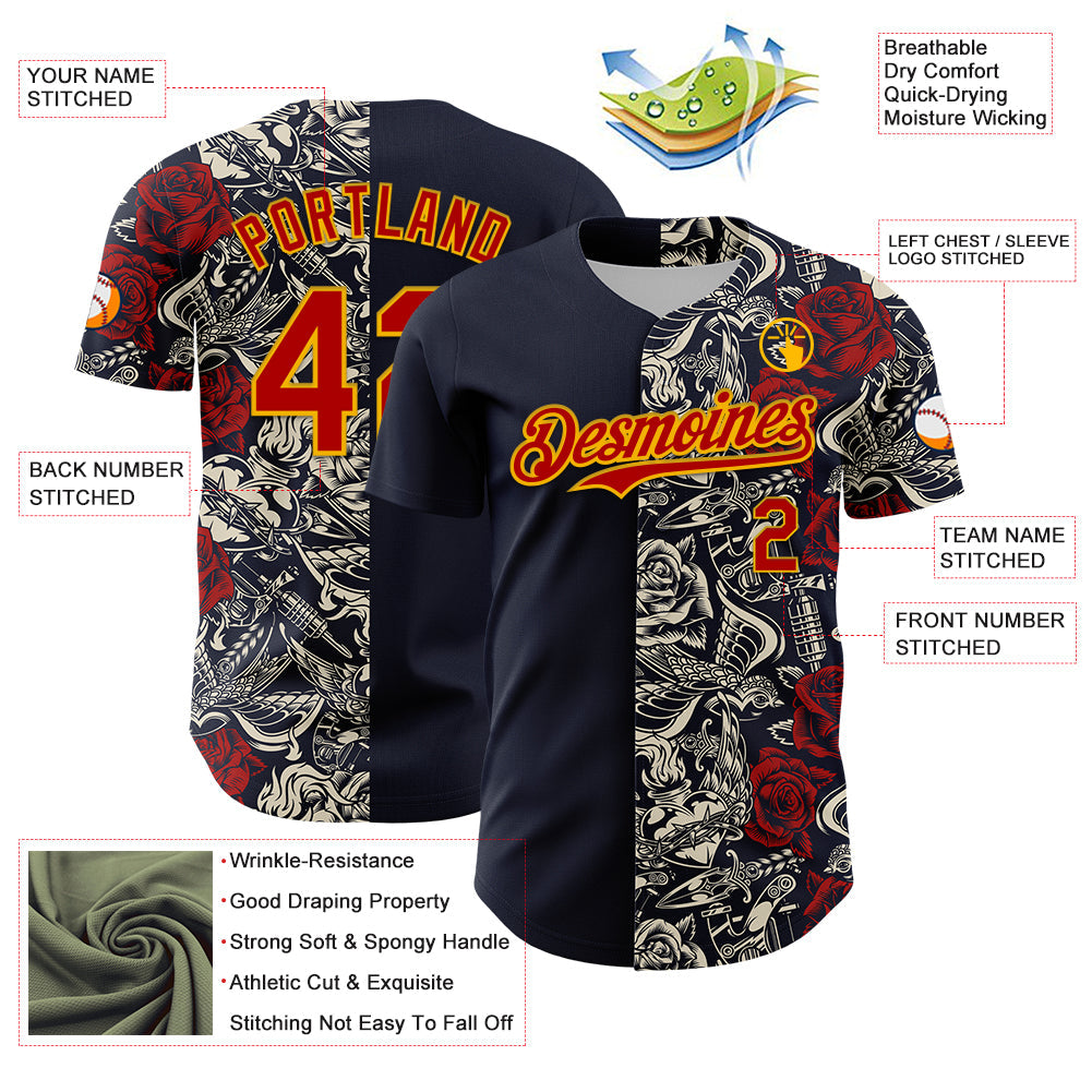 Custom Navy Red-Gold 3D Pattern Design Vintage Tattoos Authentic Baseball Jersey view 3