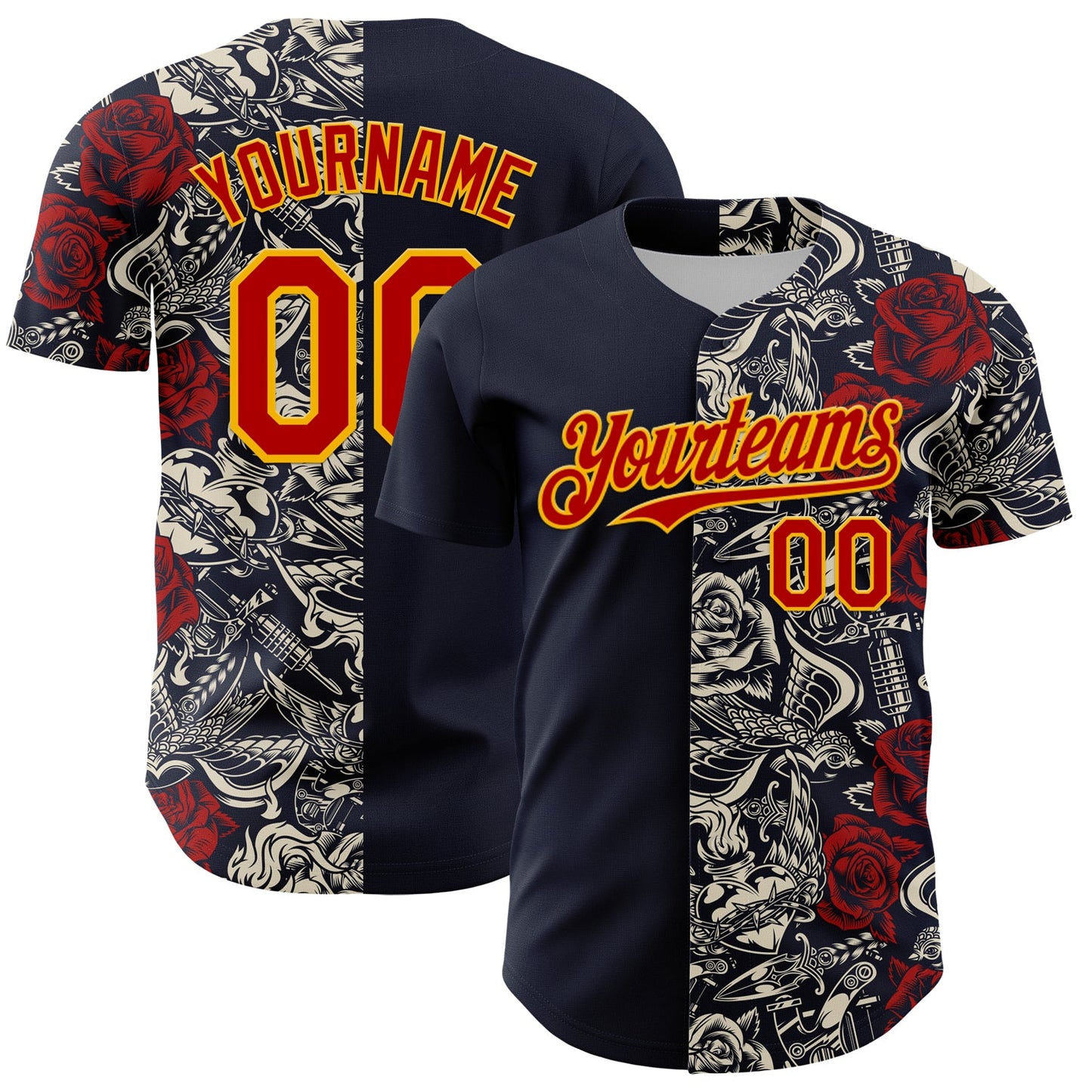 Custom Navy Red-Gold 3D Pattern Design Vintage Tattoos Authentic Baseball Jersey - Main View