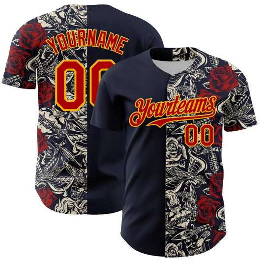 Custom Navy Red-Gold 3D Pattern Design Vintage Tattoos Authentic Baseball Jersey - Main View