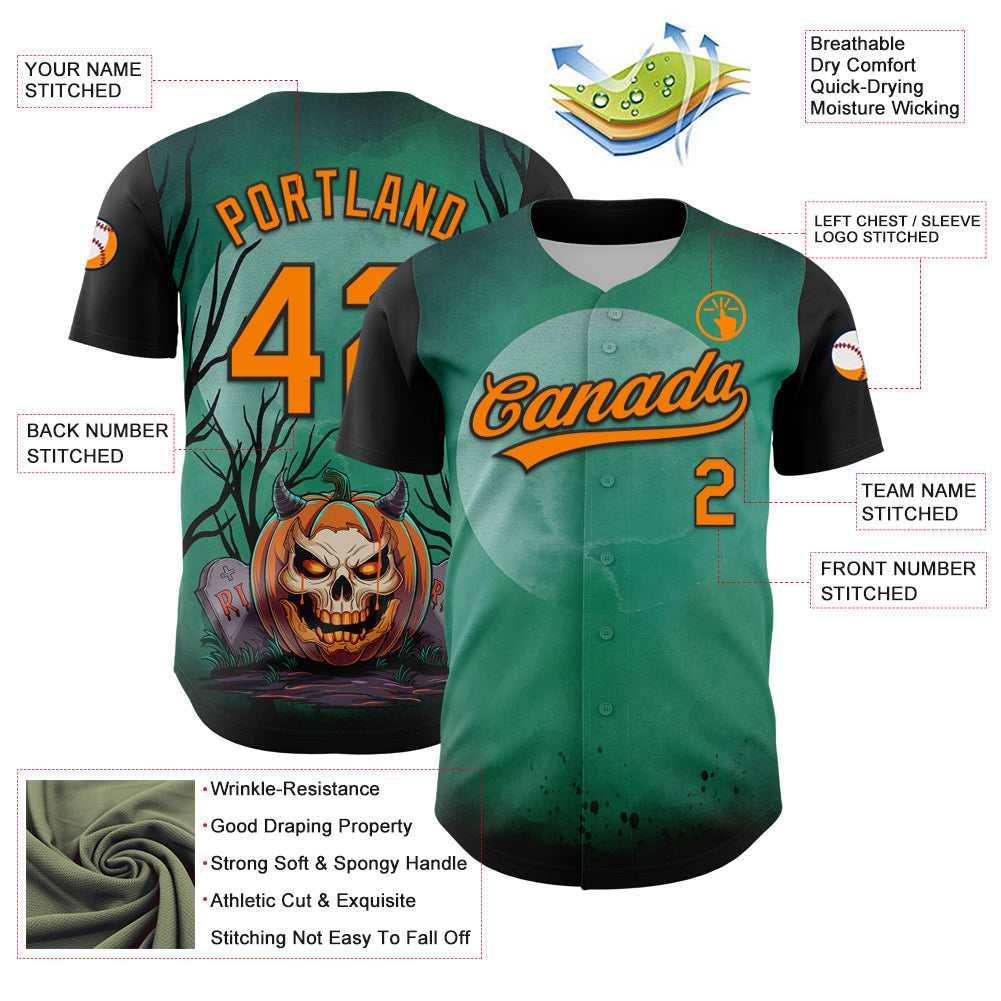Custom Green Bay Orange-Black 3D Halloween Authentic Baseball Jersey view 3