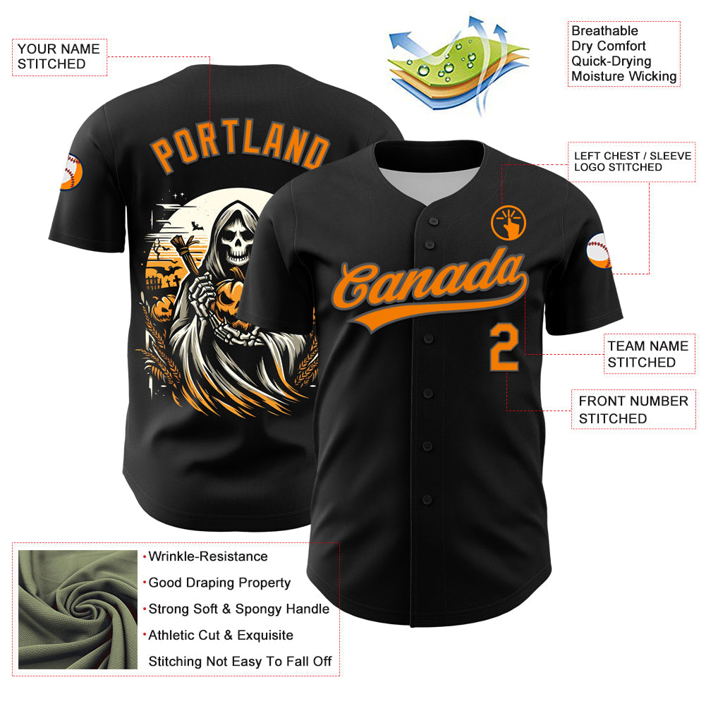 Custom Black Bay Orange-Steel Gray 3D Halloween Authentic Baseball Jersey view 3
