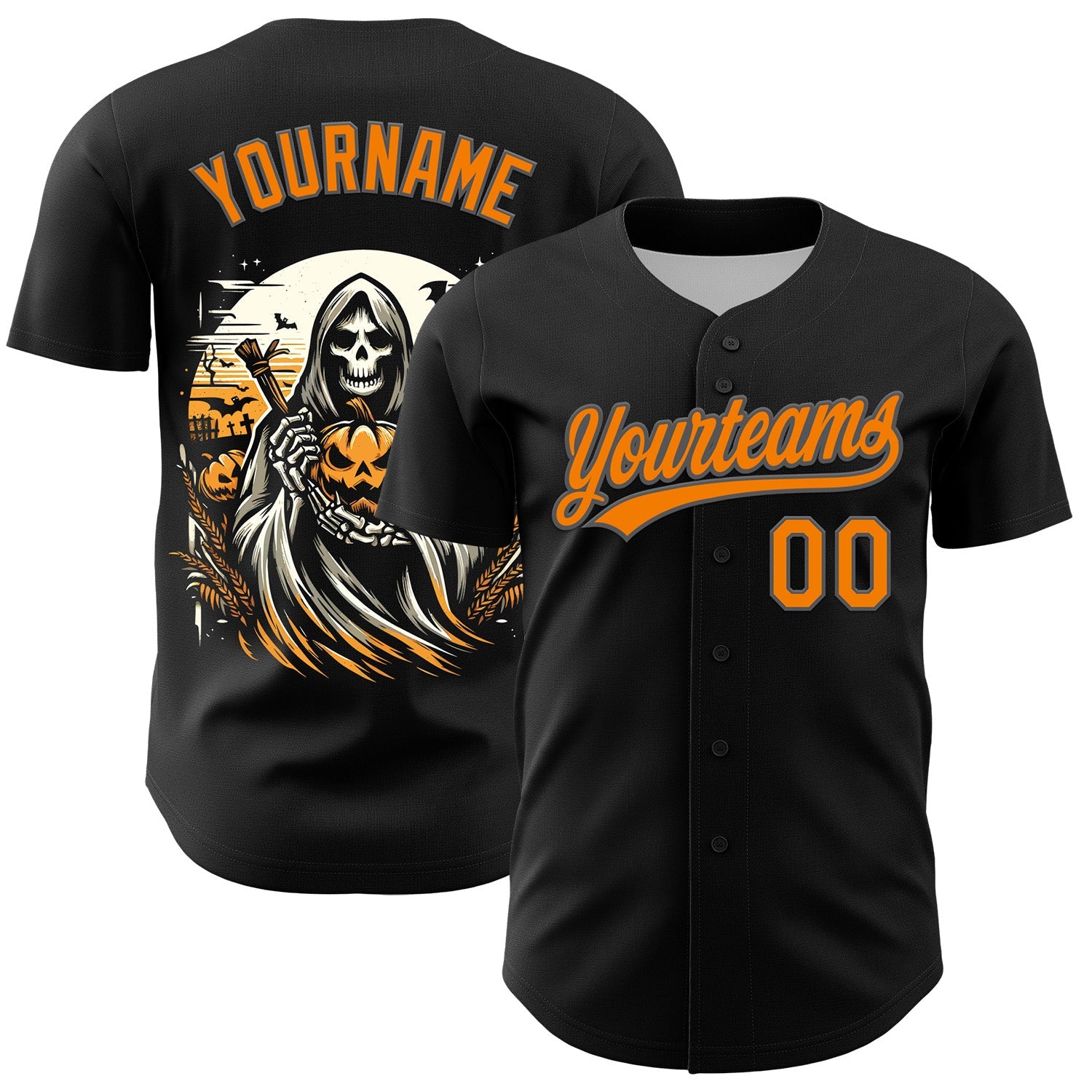 Custom Black Bay Orange-Steel Gray 3D Halloween Authentic Baseball Jersey - Main View