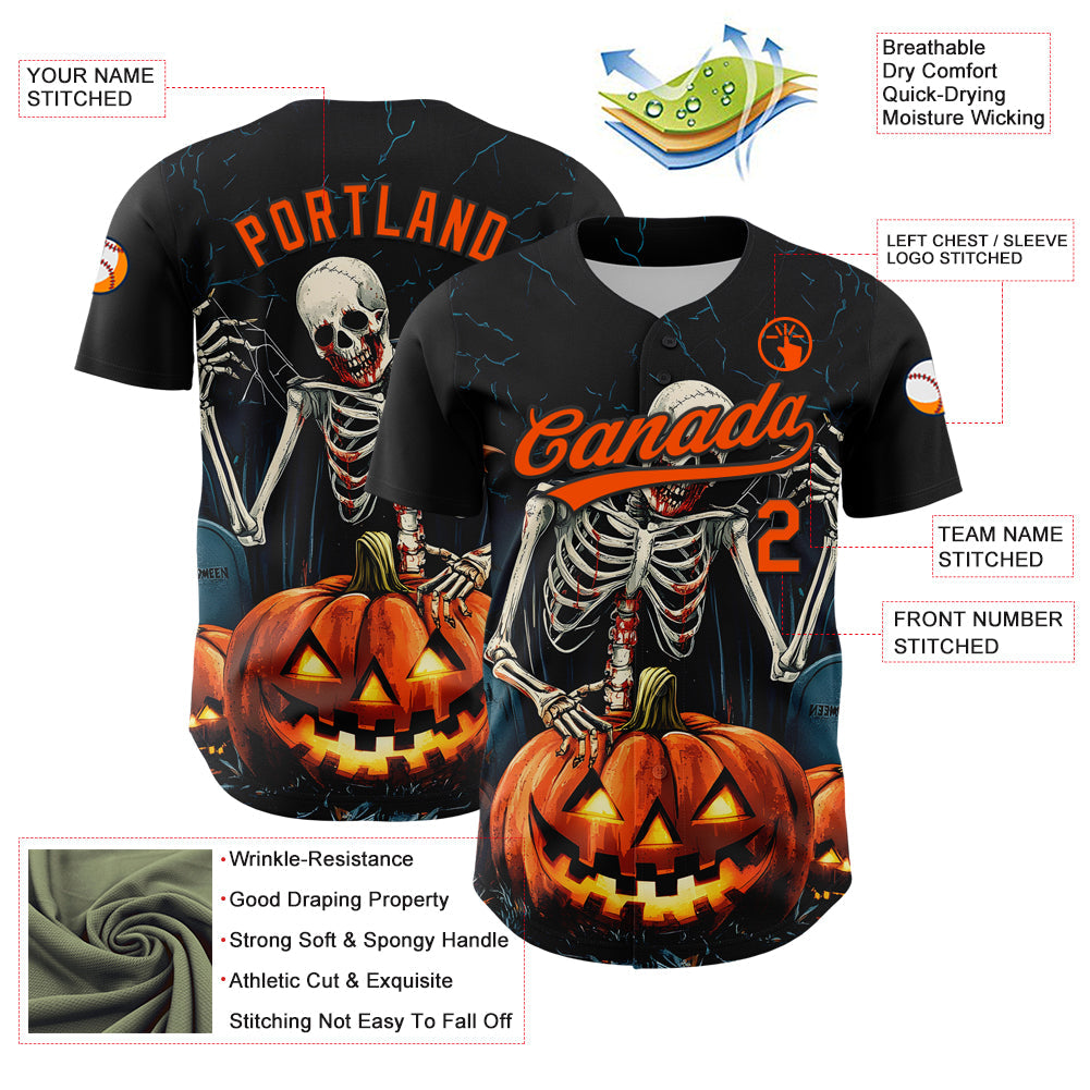 Custom Black Orange 3D Halloween Authentic Baseball Jersey view 3