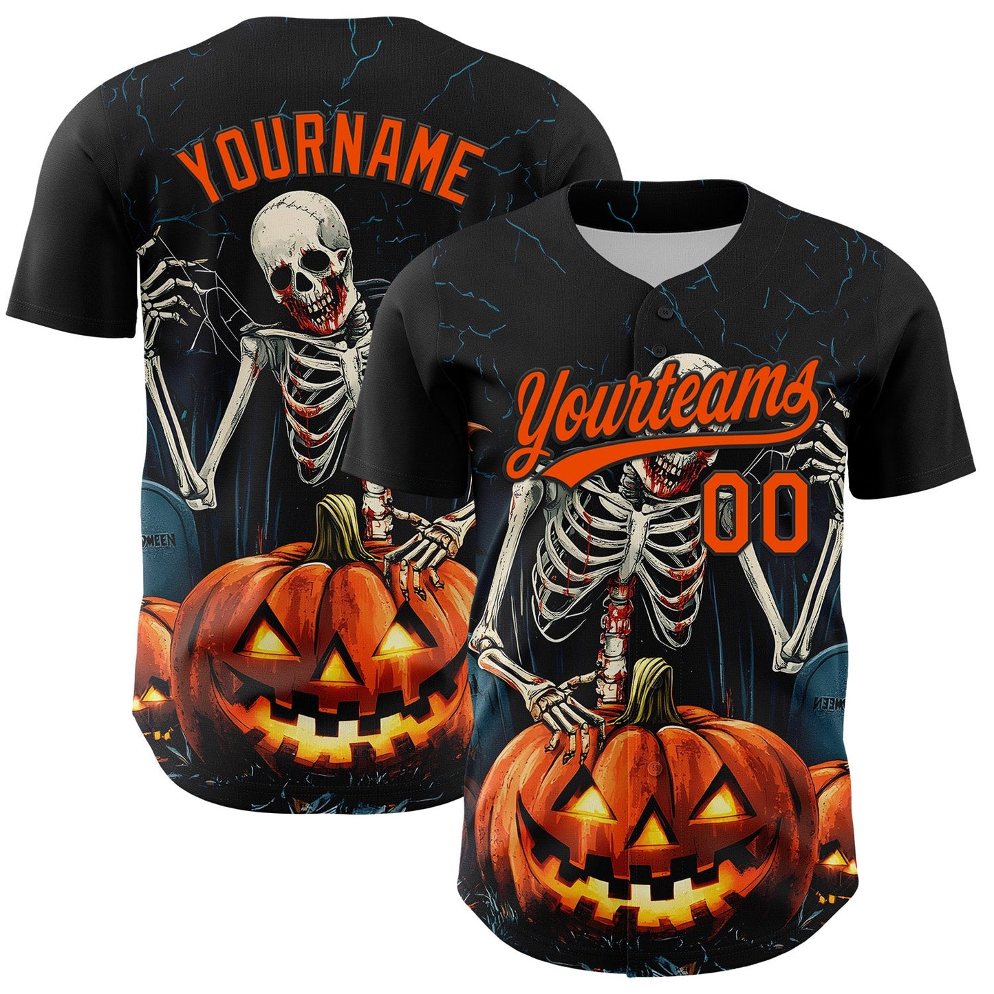 Custom Black Orange 3D Halloween Authentic Baseball Jersey - Main View