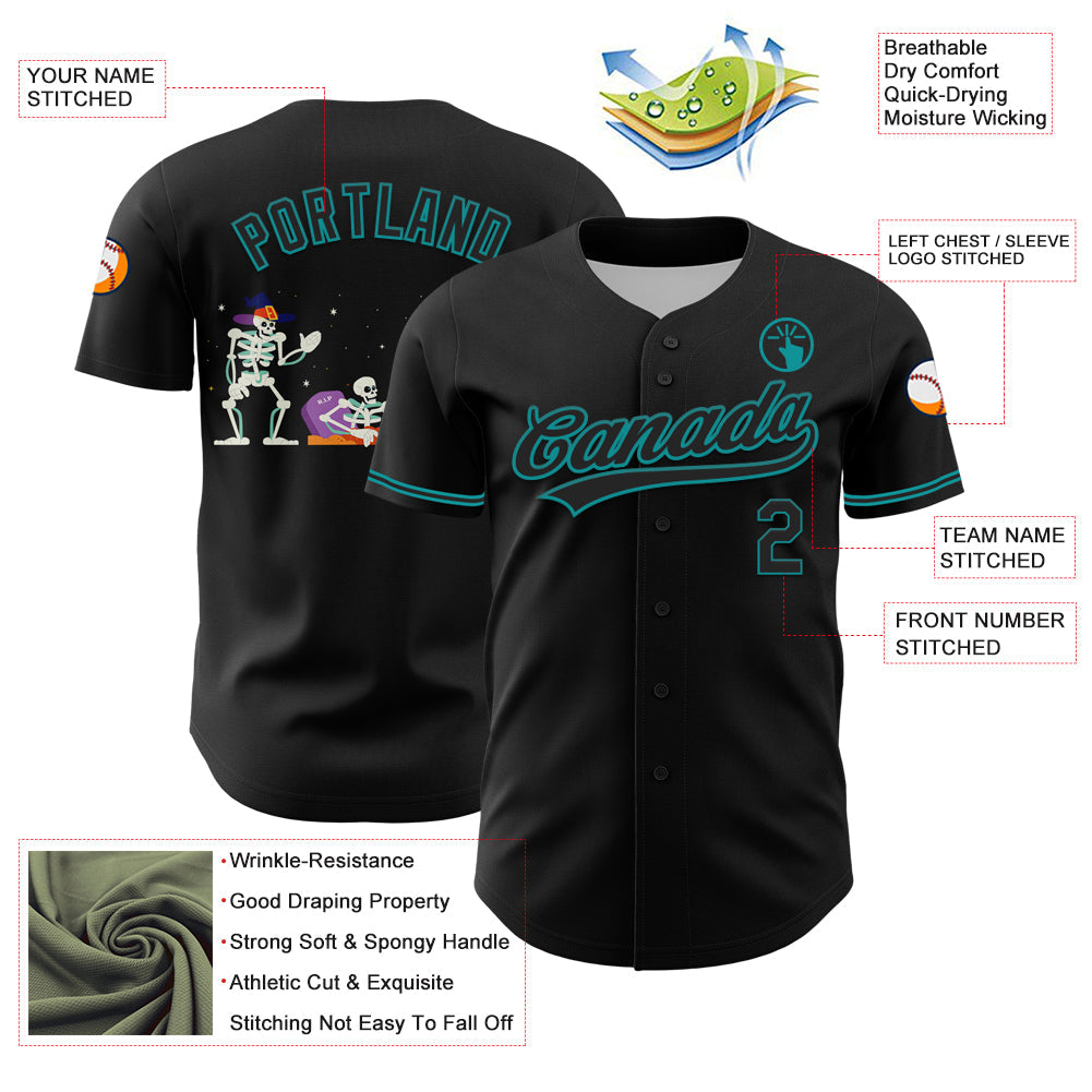 Custom Black Teal 3D Halloween Authentic Baseball Jersey view 3