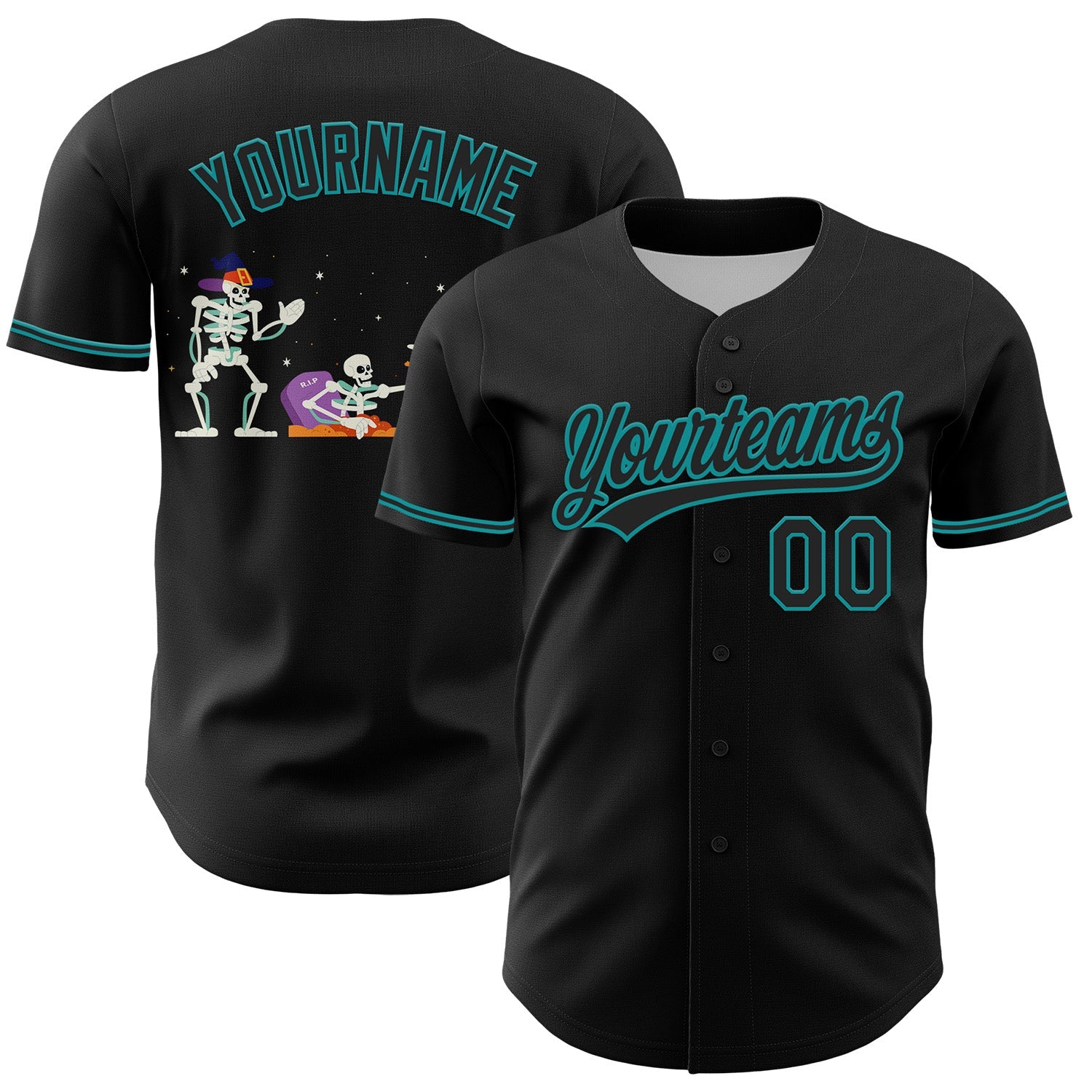 Custom Black Teal 3D Halloween Authentic Baseball Jersey - Main View