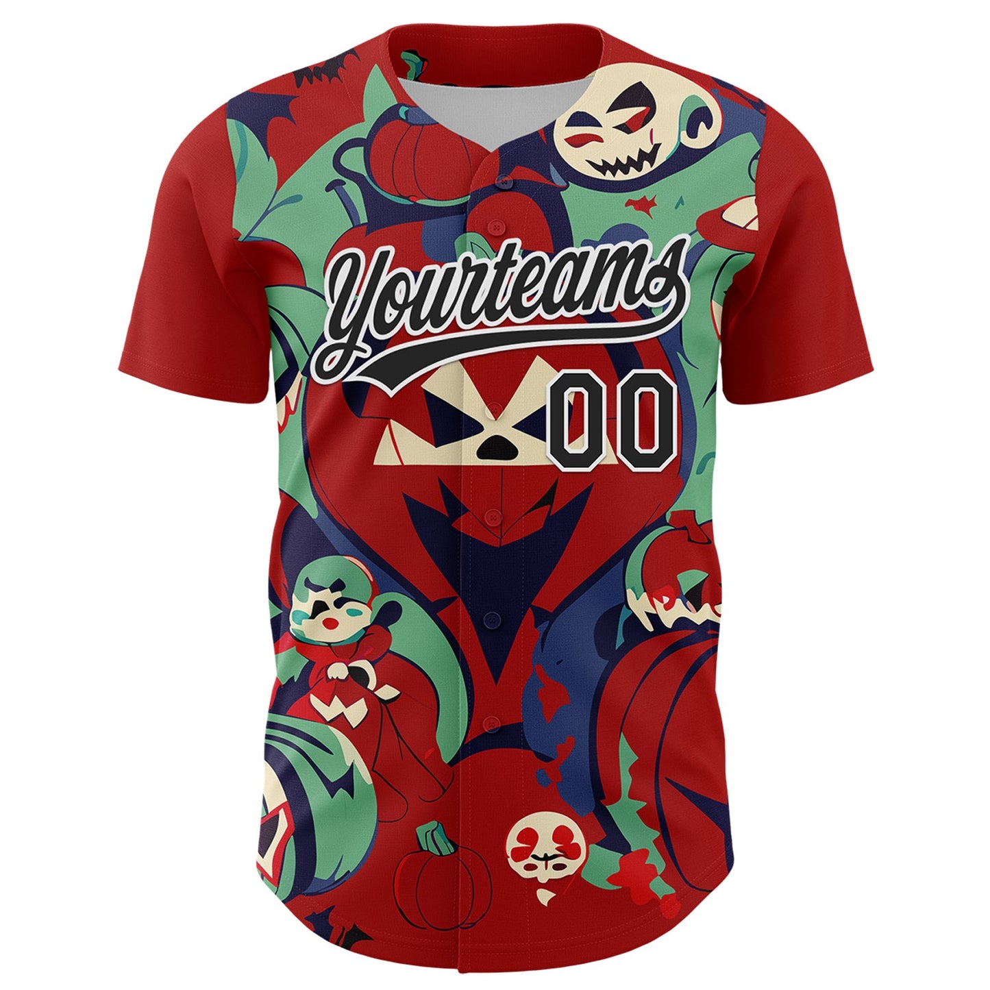 Custom Red Black-White 3D Halloween Authentic Baseball Jersey view 2