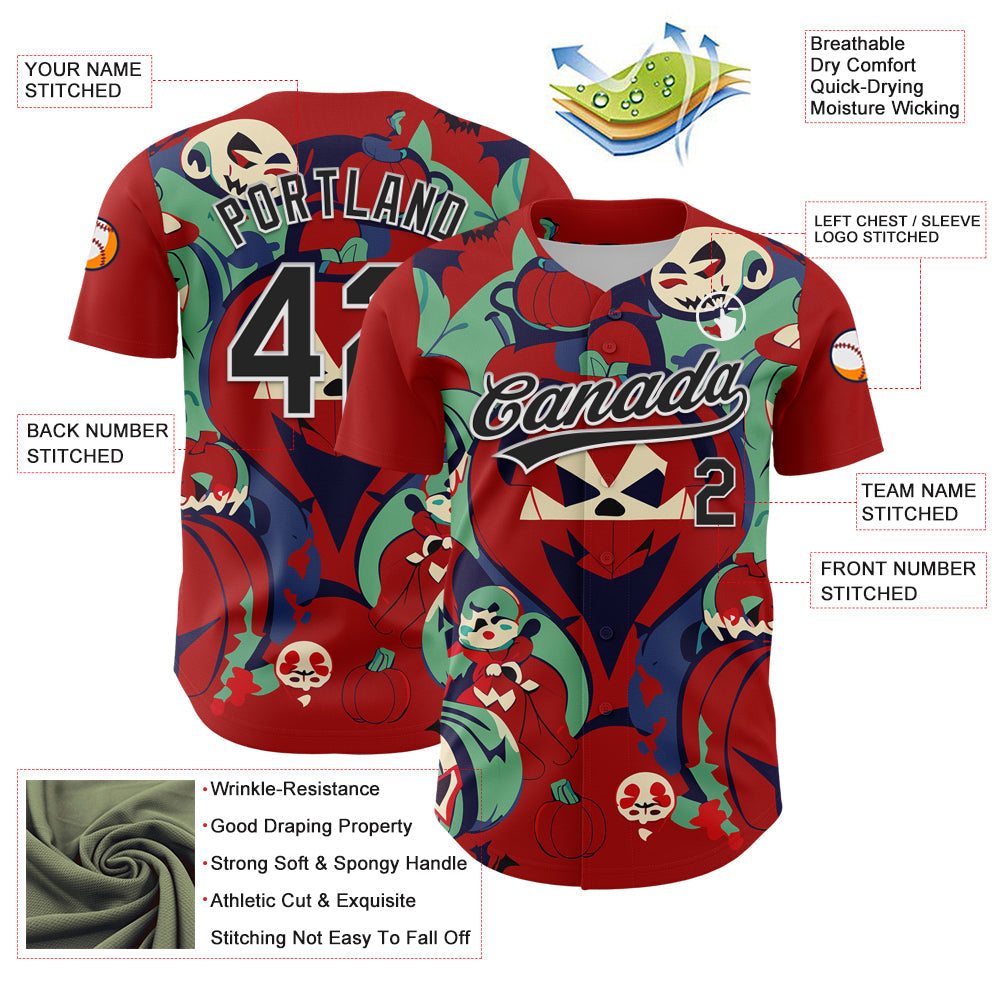 Custom Red Black-White 3D Halloween Authentic Baseball Jersey view 3