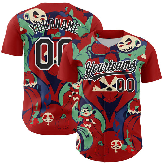 Custom Red Black-White 3D Halloween Authentic Baseball Jersey - Main View