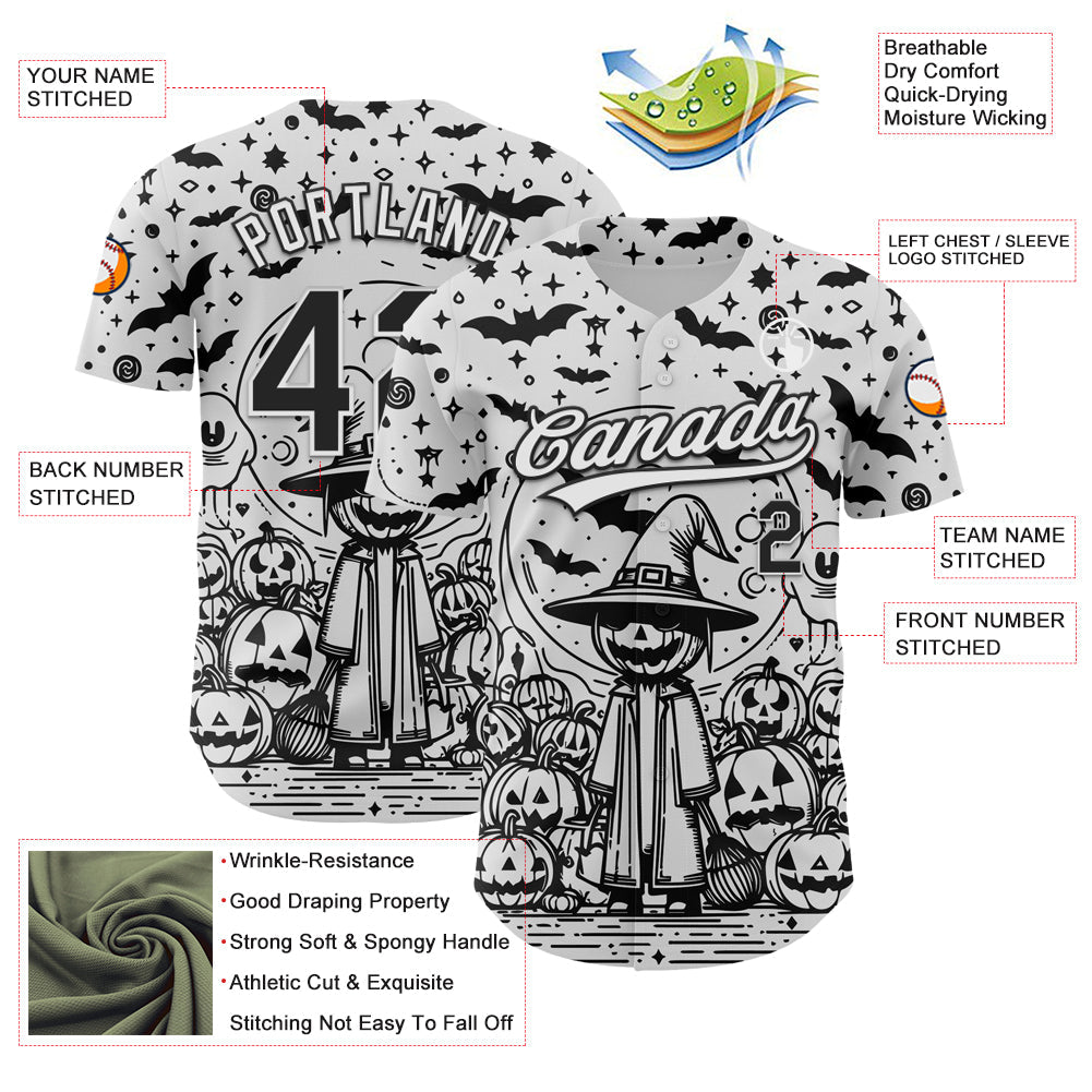 Custom White Black 3D Halloween Authentic Baseball Jersey view 3