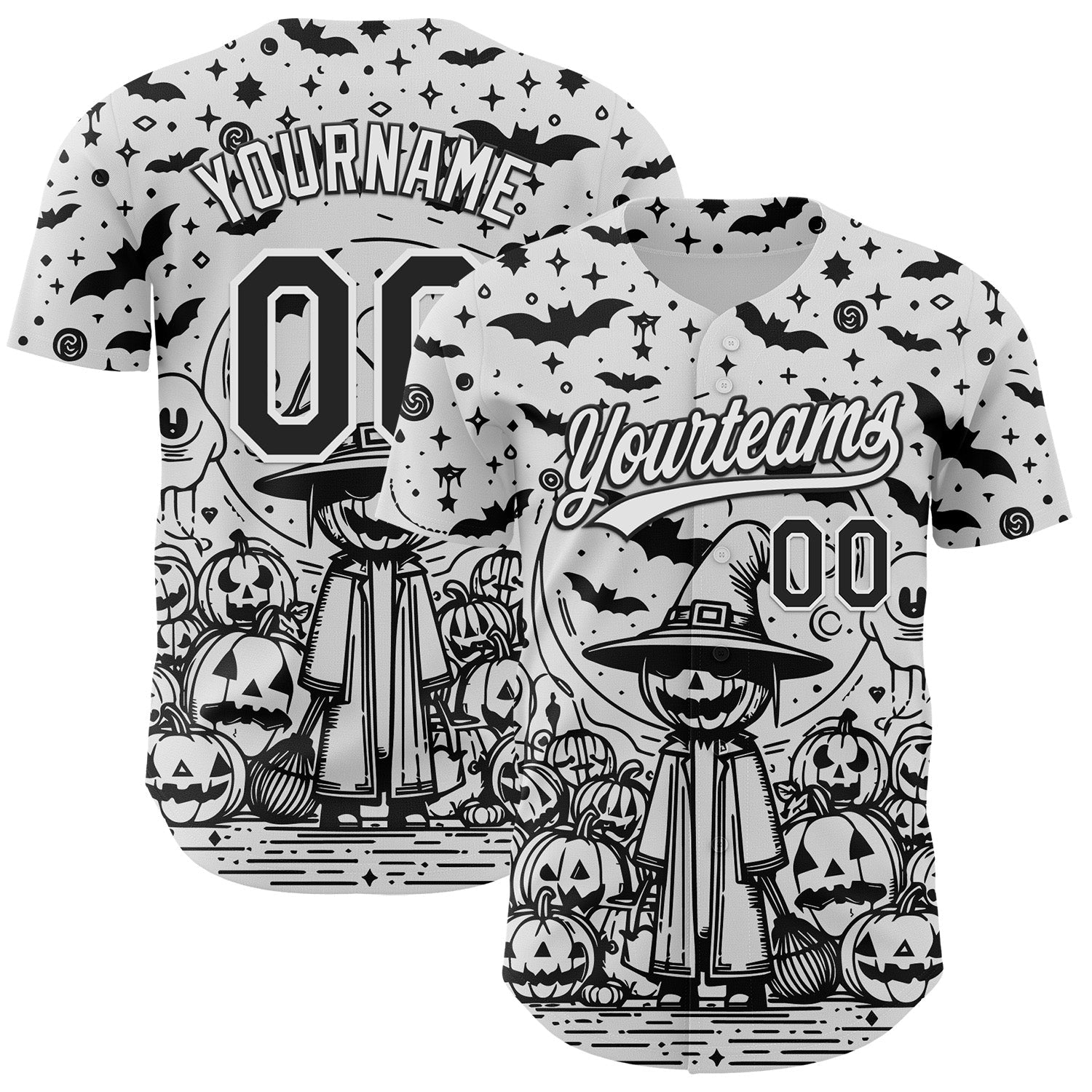 Custom White Black 3D Halloween Authentic Baseball Jersey - Main View