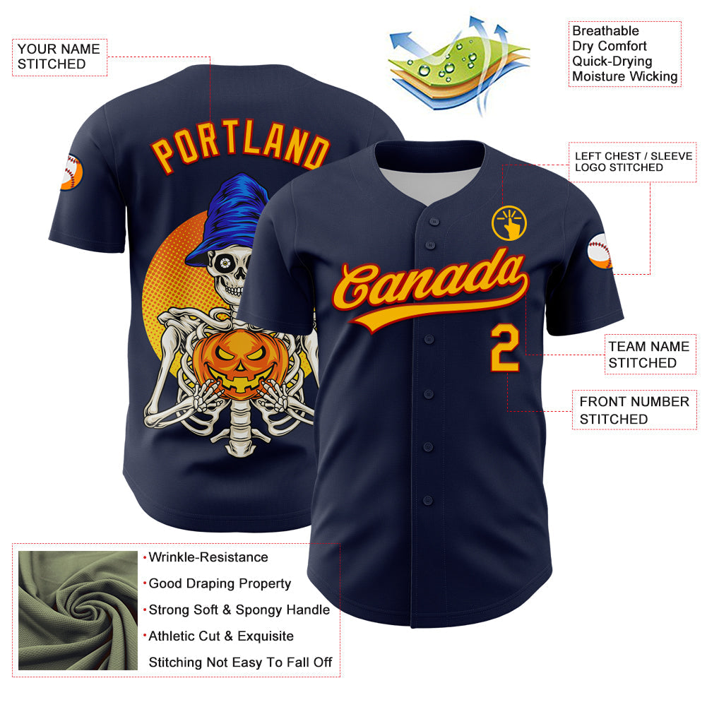 Custom Navy Gold-Red 3D Halloween Authentic Baseball Jersey view 3
