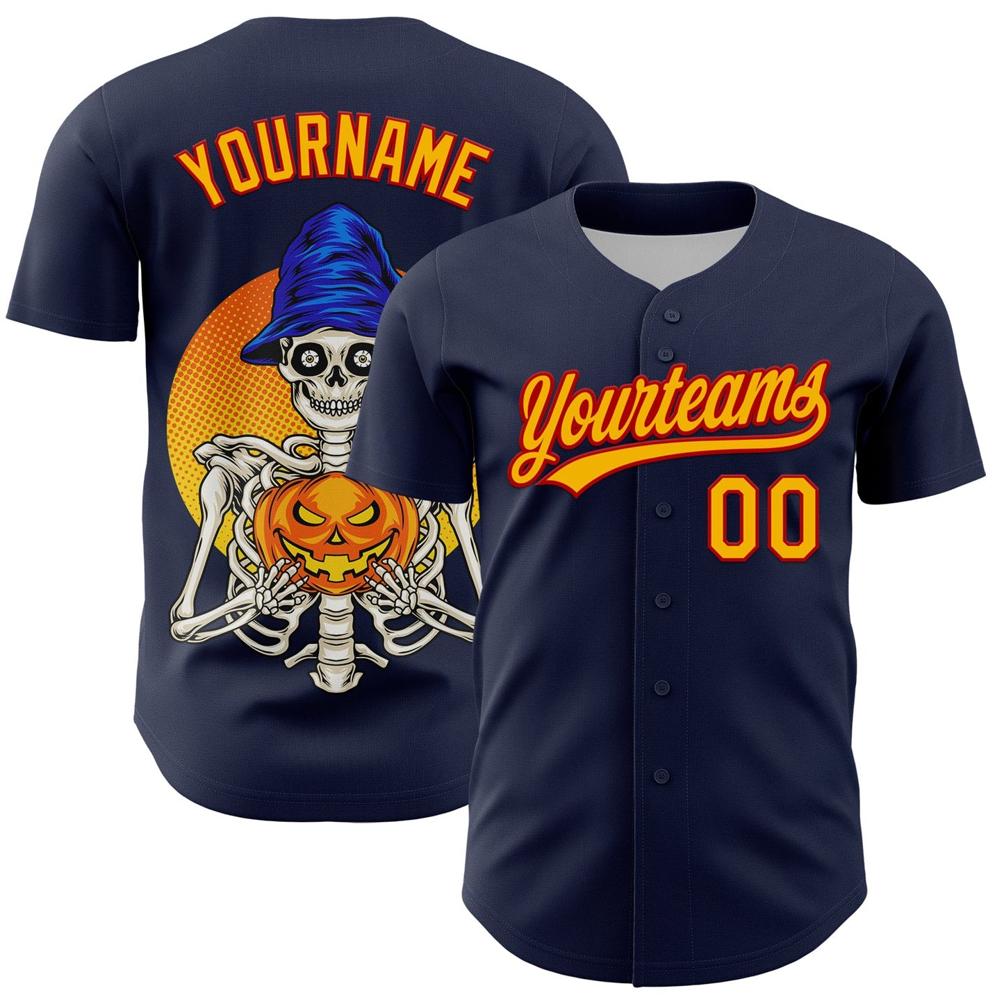 Custom Navy Gold-Red 3D Halloween Authentic Baseball Jersey - Main View
