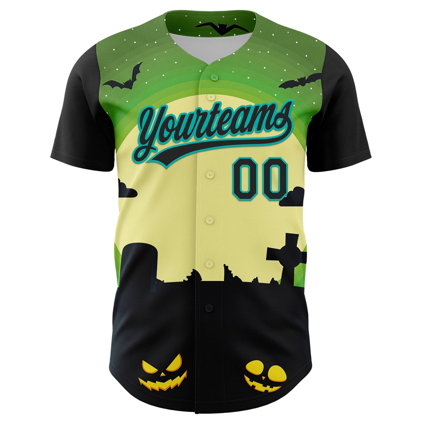 Custom Green Black-Aqua 3D Halloween Authentic Baseball Jersey view 2