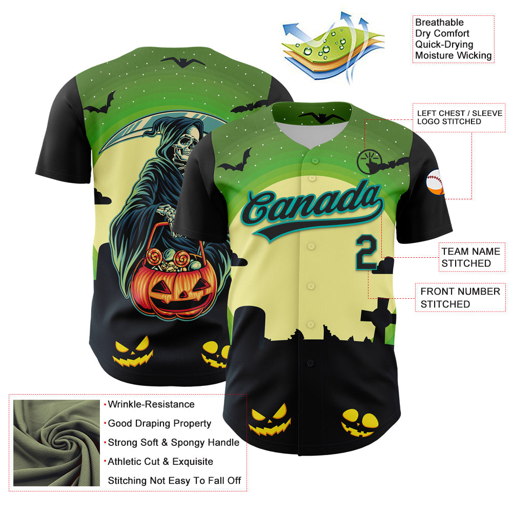 Custom Green Black-Aqua 3D Halloween Authentic Baseball Jersey view 3