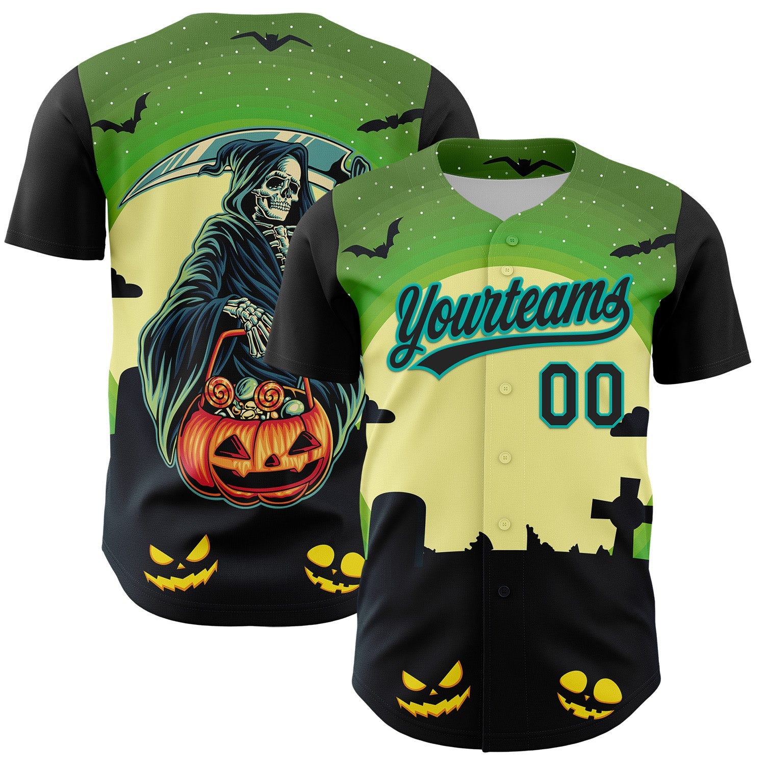 Custom Green Black-Aqua 3D Halloween Authentic Baseball Jersey - Main View