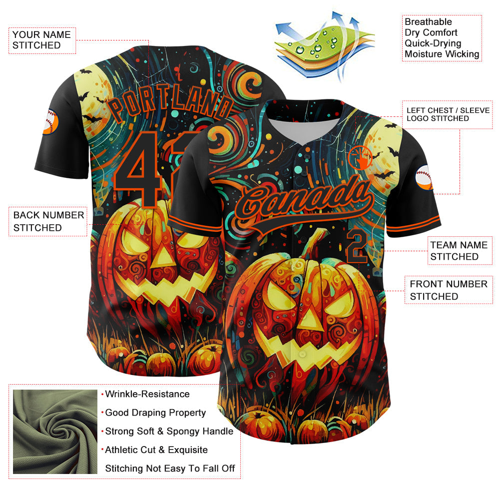 Custom Black Orange 3D Halloween Authentic Baseball Jersey view 3