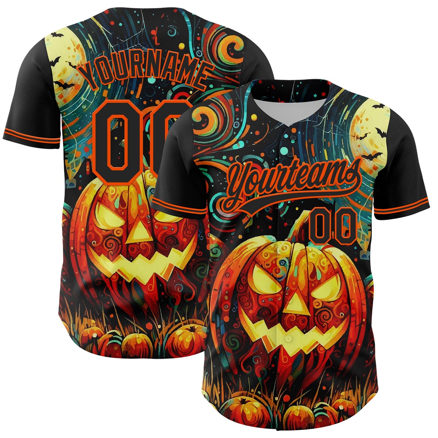 Custom Black Orange 3D Halloween Authentic Baseball Jersey - Main View