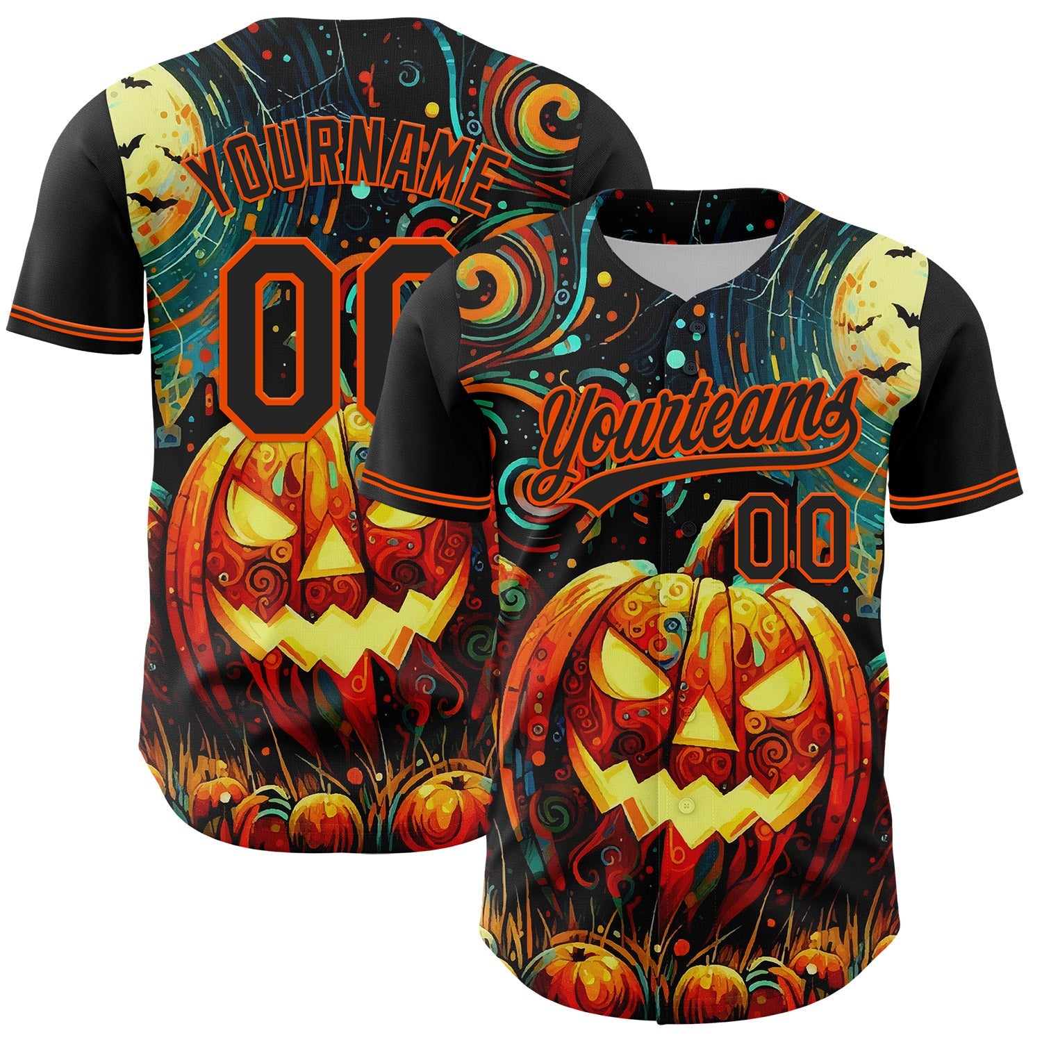 Custom Black Orange 3D Halloween Authentic Baseball Jersey - Main View
