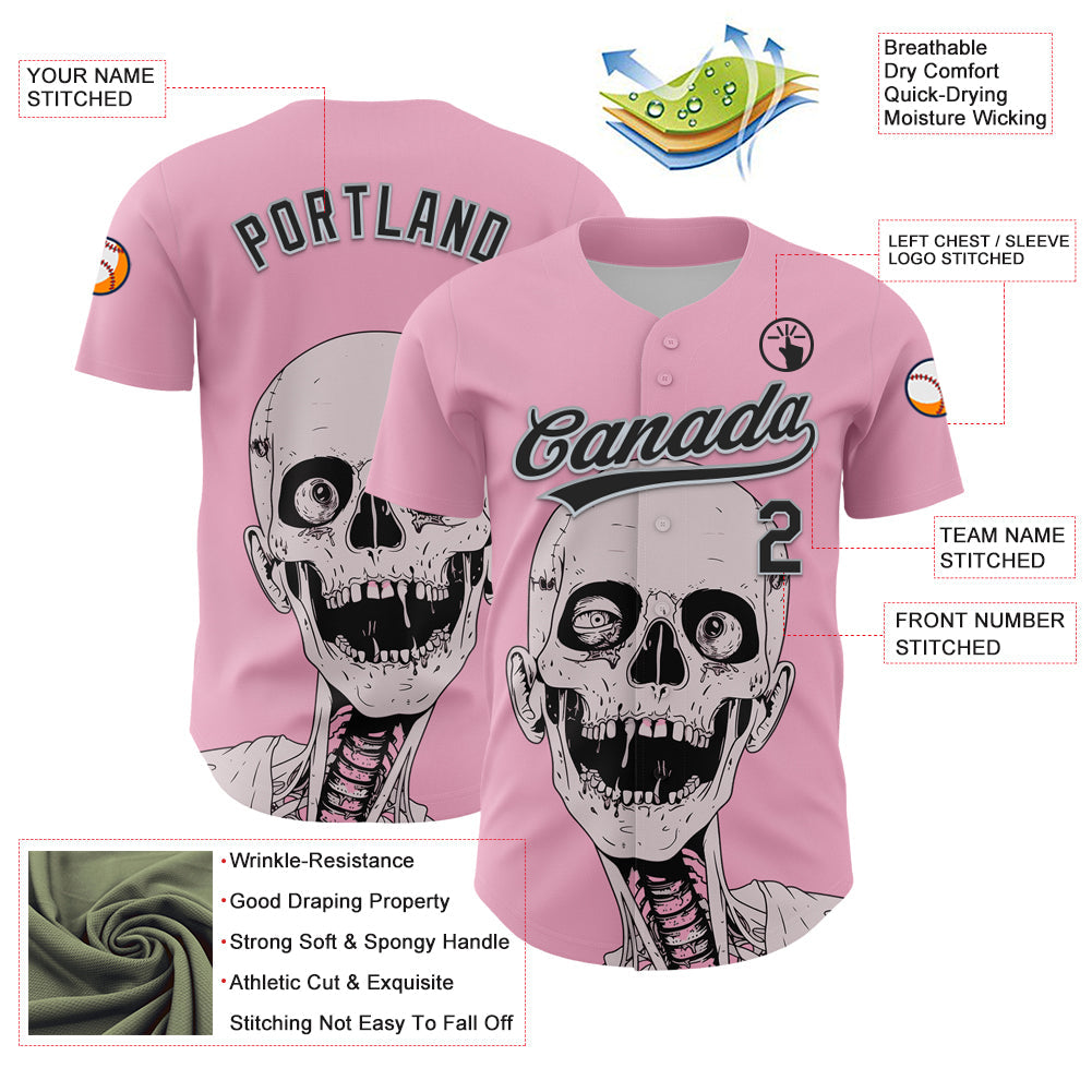 Custom Light Pink Black-Silver 3D Halloween Authentic Baseball Jersey view 3