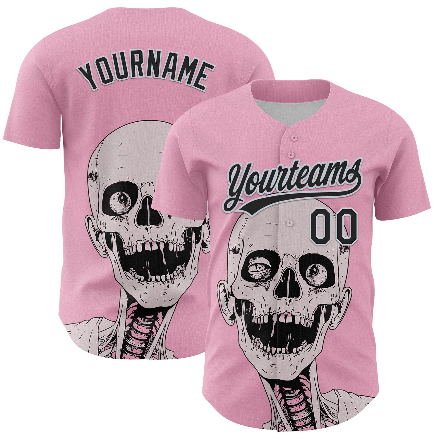 Custom Light Pink Black-Silver 3D Halloween Authentic Baseball Jersey - Main View