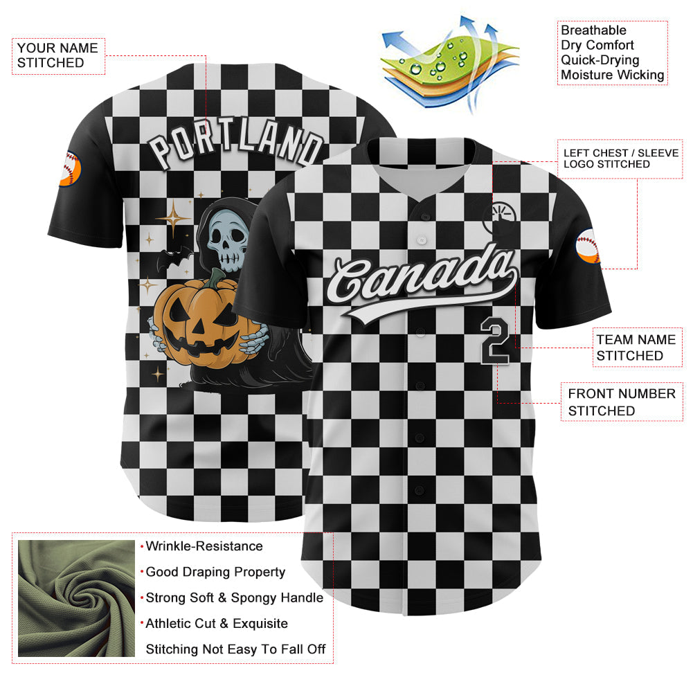 Custom Black White 3D Halloween Authentic Baseball Jersey view 3