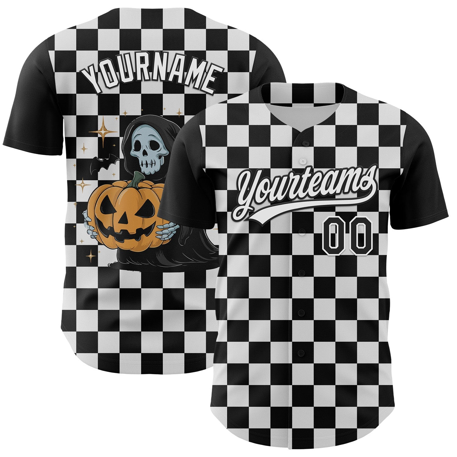 Custom Black White 3D Halloween Authentic Baseball Jersey - Main View