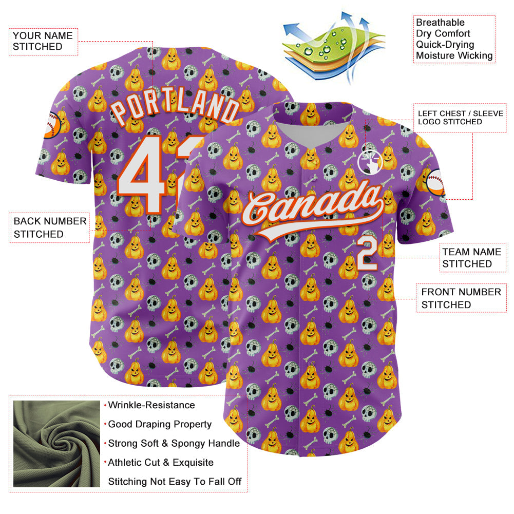 Custom Medium Purple White-Orange 3D Halloween Authentic Baseball Jersey view 3