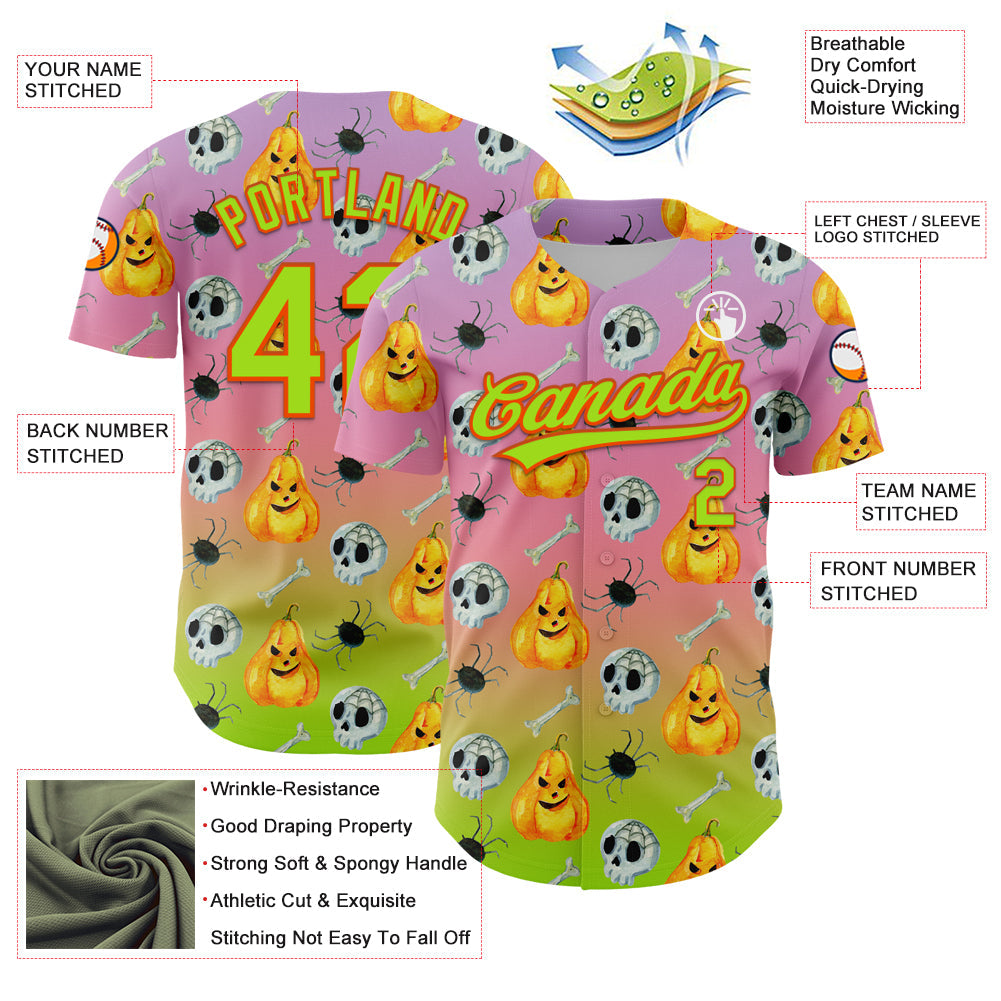 Custom Light Purple Neon Green Light Pink-Orange 3D Halloween Authentic Fade Baseball Jersey view 3