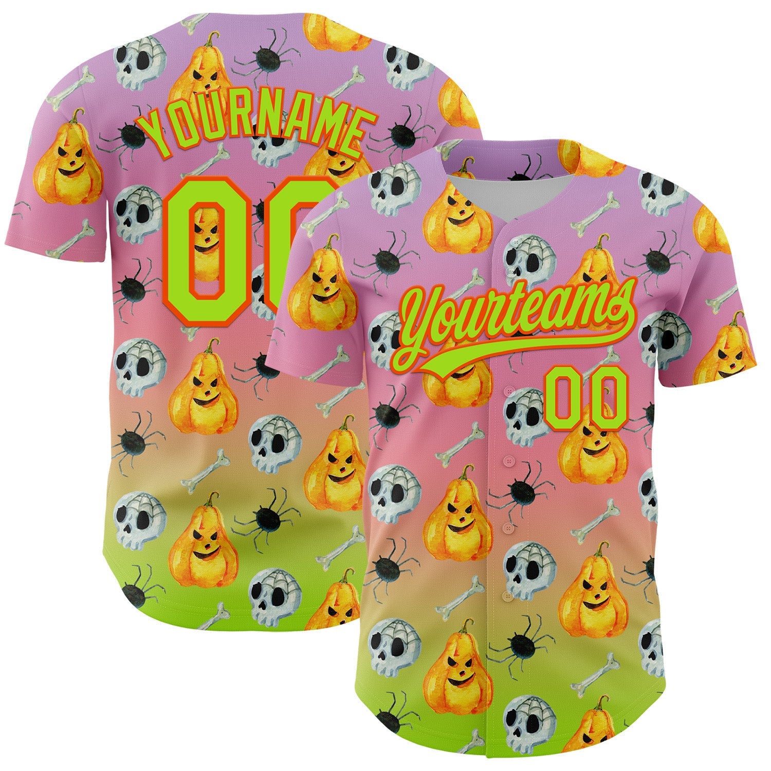 Custom Light Purple Neon Green Light Pink-Orange 3D Halloween Authentic Fade Baseball Jersey - Main View