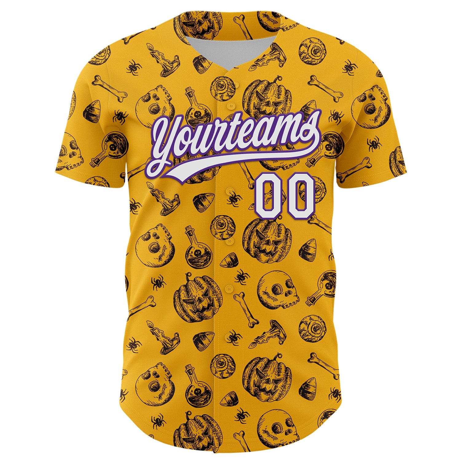 Custom Gold White-Purple 3D Halloween Authentic Baseball Jersey view 2