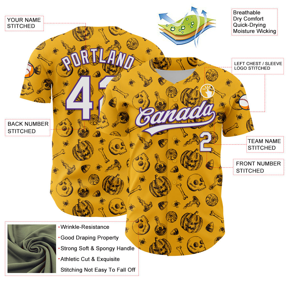 Custom Gold White-Purple 3D Halloween Authentic Baseball Jersey view 3