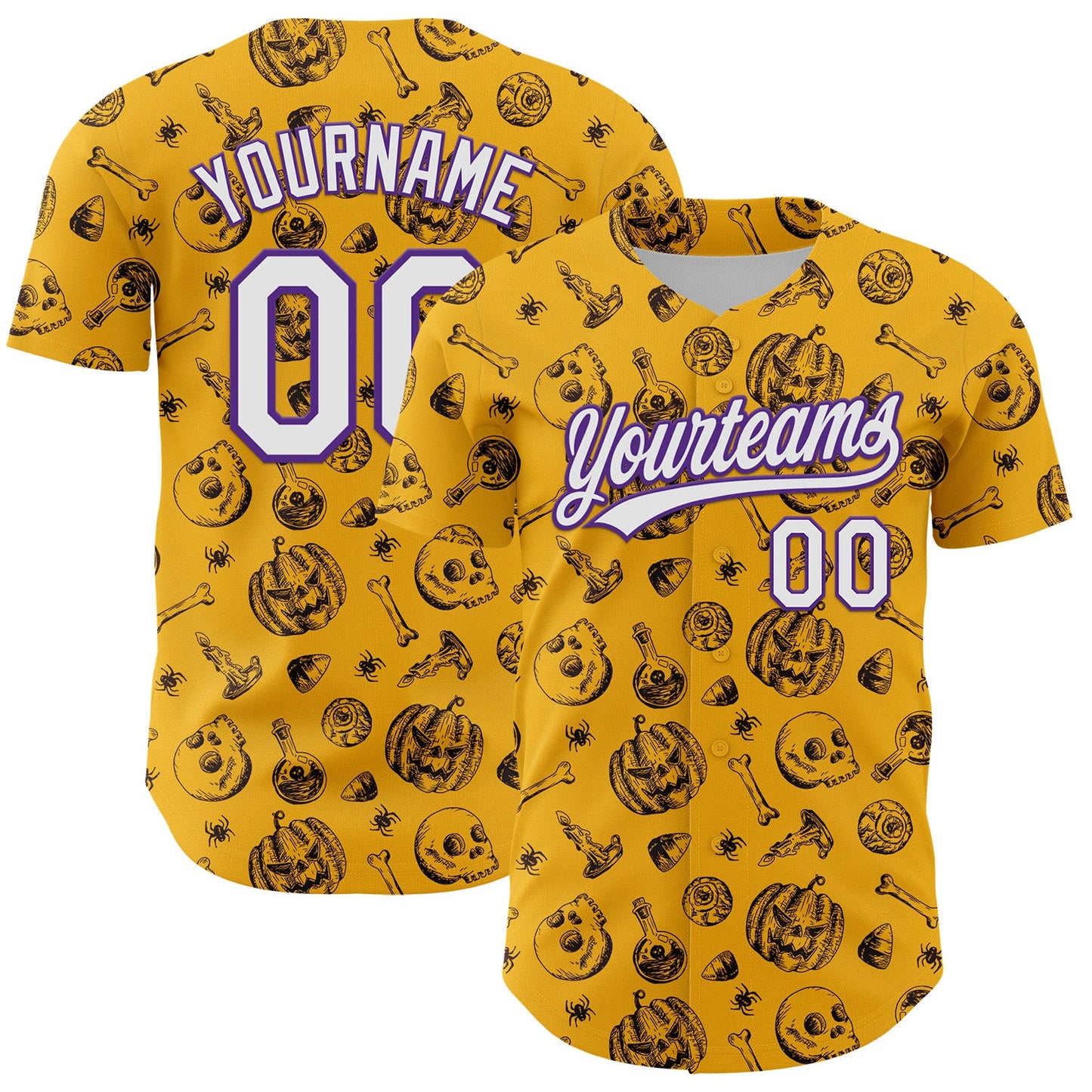 Custom Gold White-Purple 3D Halloween Authentic Baseball Jersey - Main View