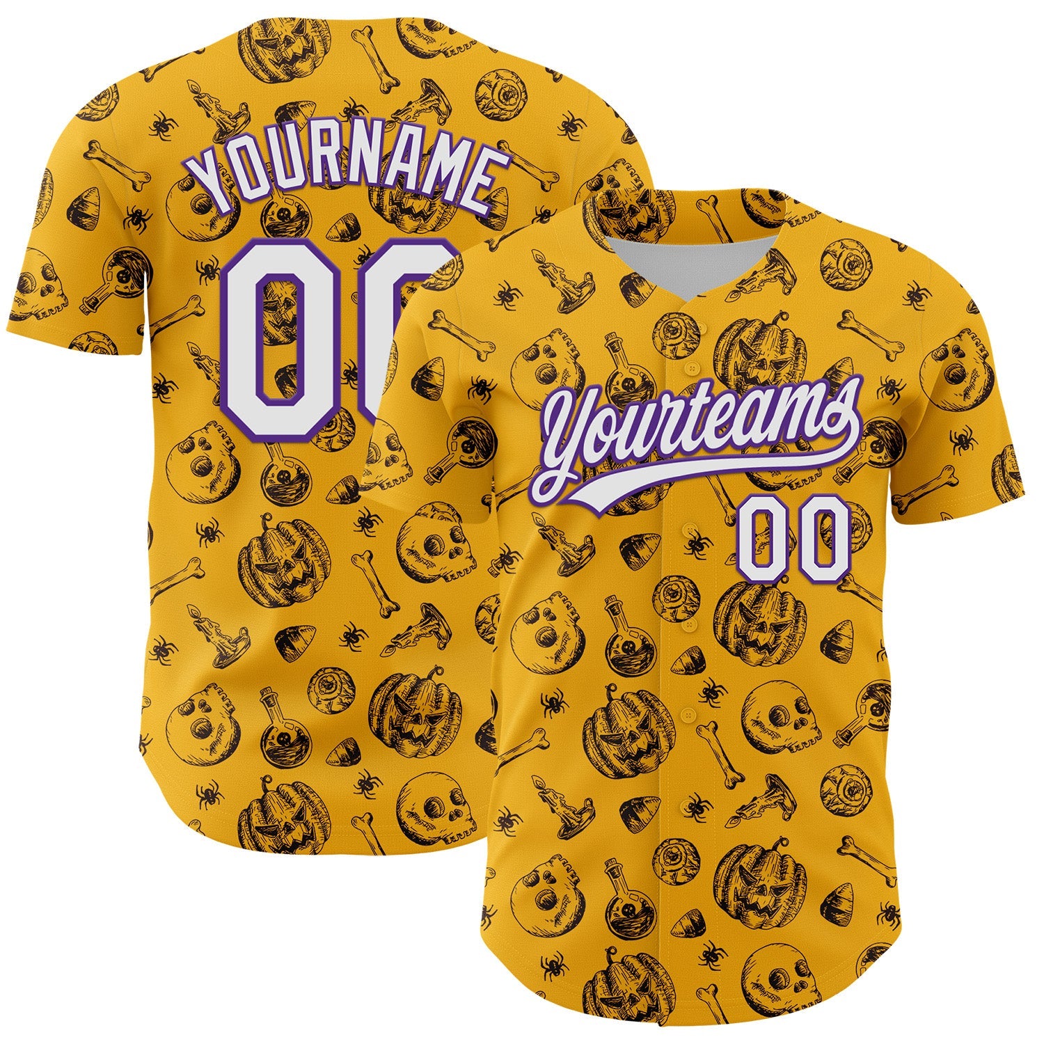 Custom Gold White-Purple 3D Halloween Authentic Baseball Jersey - Main View