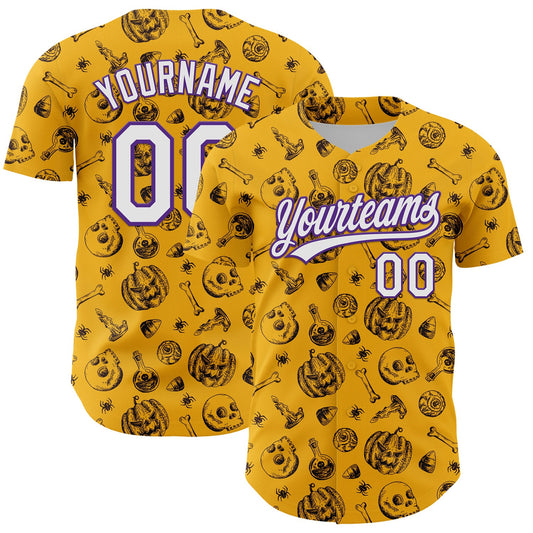 Custom Gold White-Purple 3D Halloween Authentic Baseball Jersey - Main View
